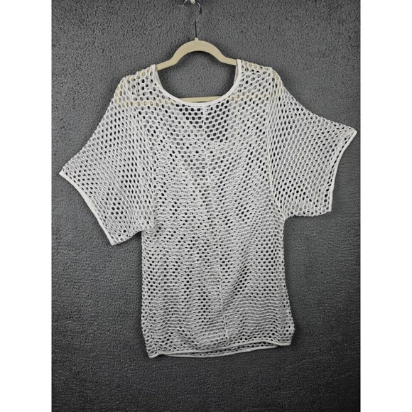Blue Island Cover Up Women S White Crochet Knit Pullover Cowl Neck Net Short - Picture 2 of 10